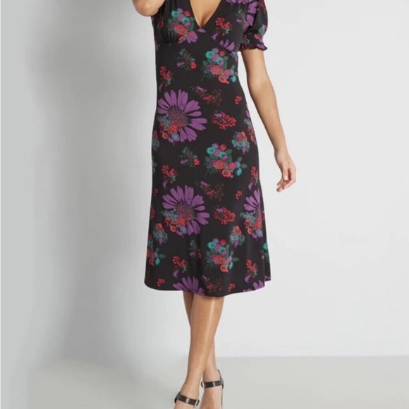 ModCloth Cat Print Floral Black and Purple Dress Size S - Picture 1 of 9